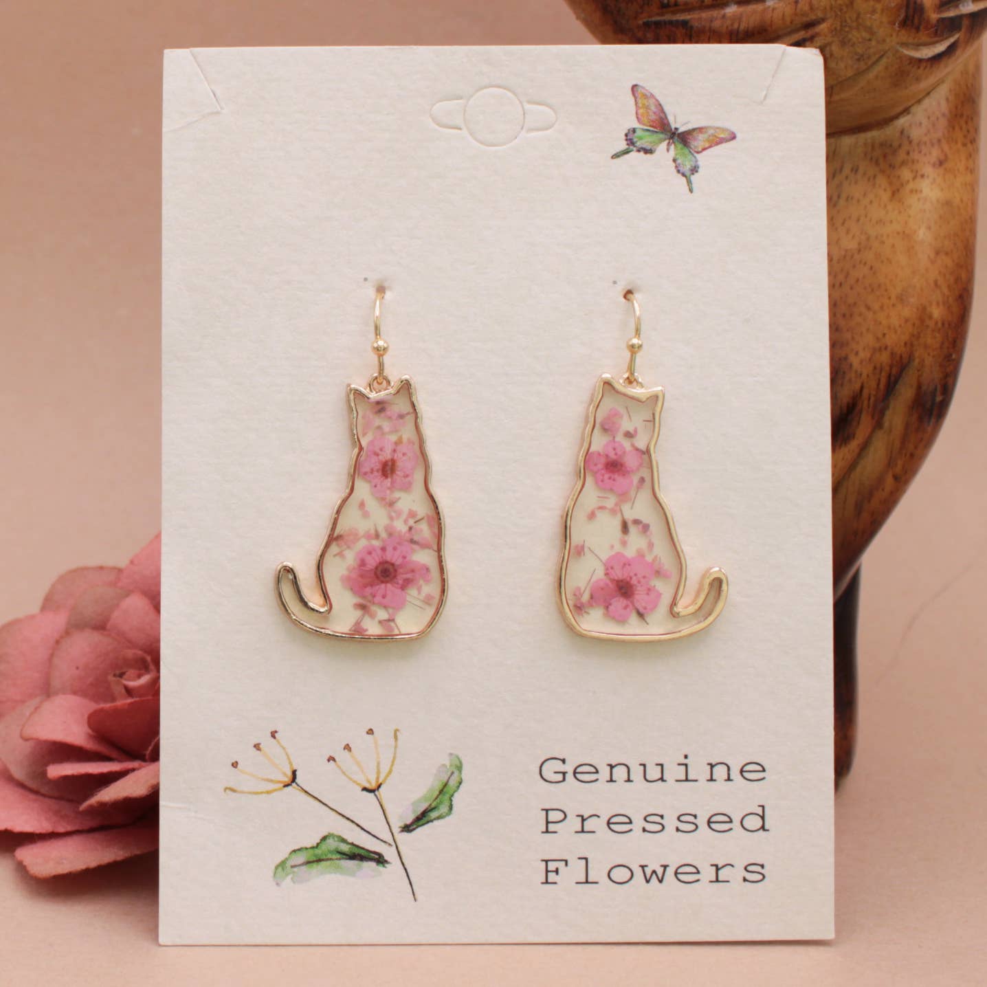 ZAD jewelry Feline Friend Cat Dried Flower Earrings