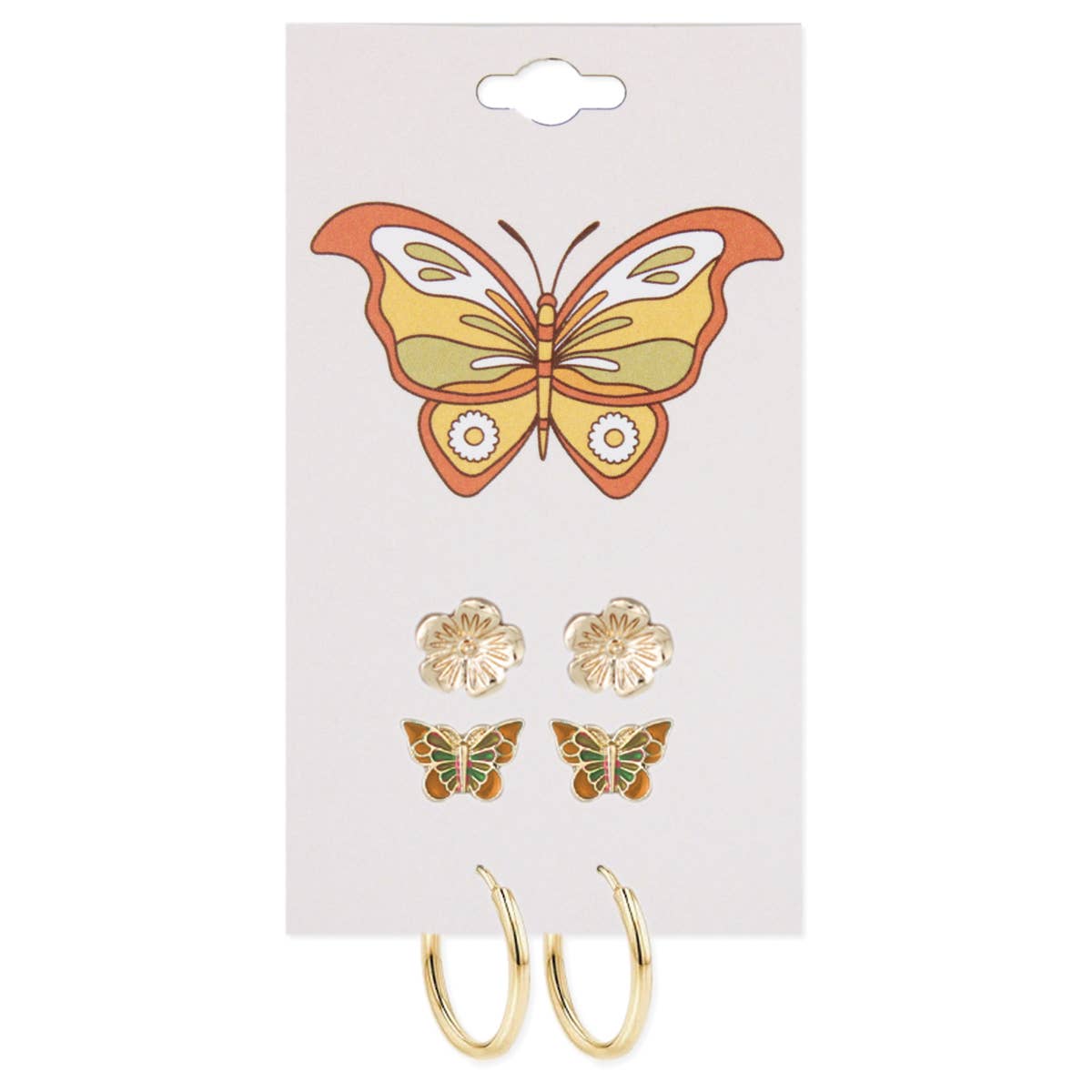 ZAD jewelry Gold Flower Butterfly Post Hoop Earrings Set