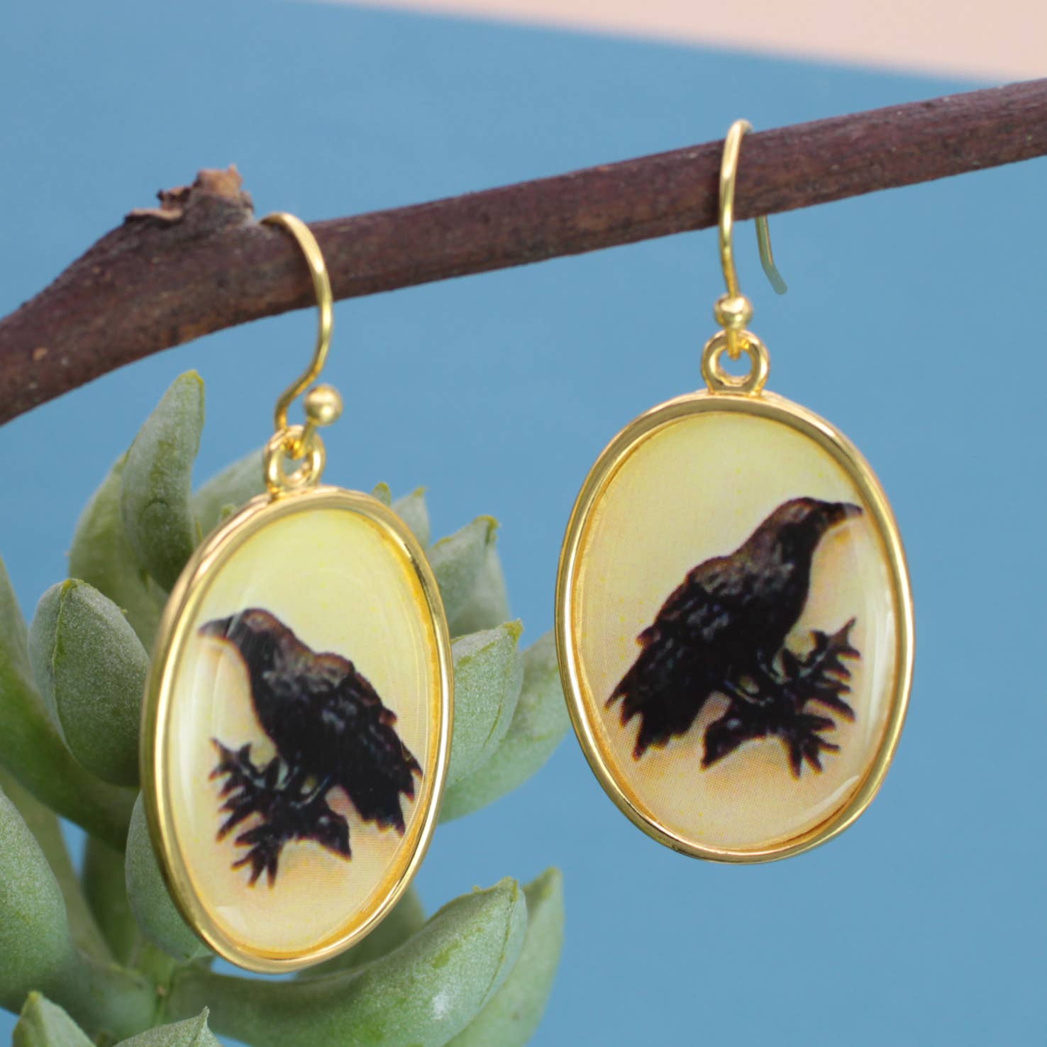 ZAD jewelry Vintage Raven Print Gold Earrings