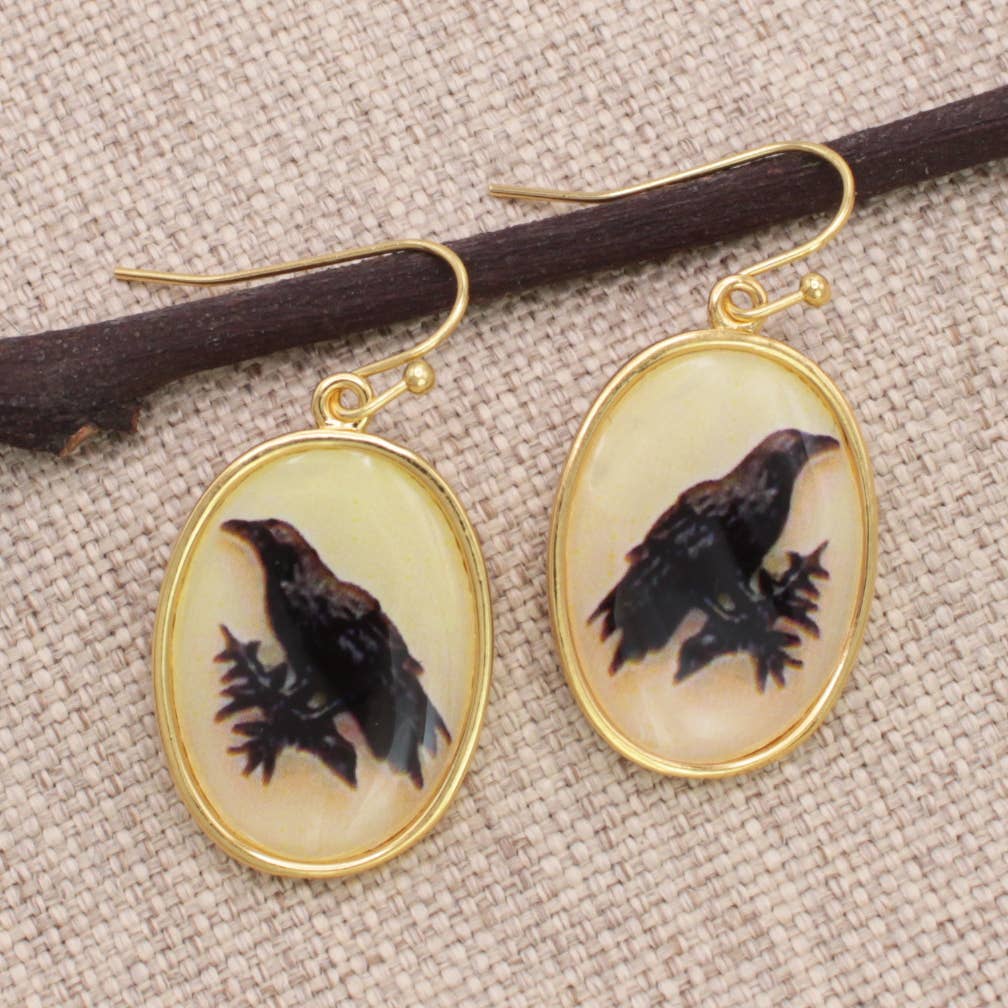 ZAD jewelry Vintage Raven Print Gold Earrings