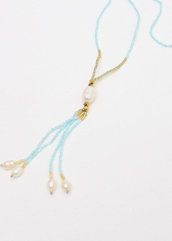 Bali Queen Necklace Aqua Seafoam Splashes Pearl Tassel Necklace - More Colors!