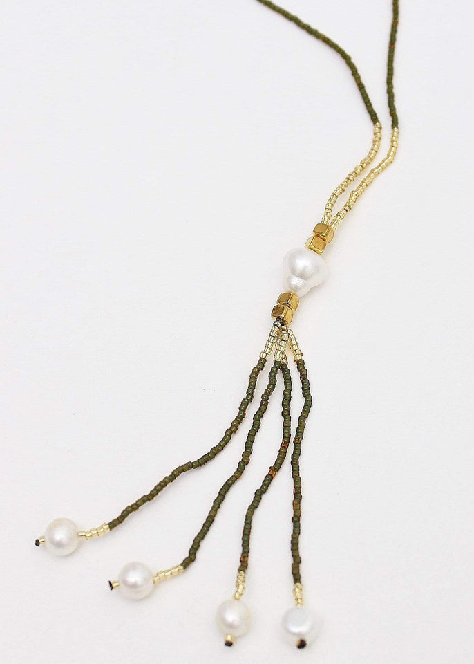 Bali Queen Necklace Olive Seafoam Splashes Pearl Tassel Necklace - More Colors!