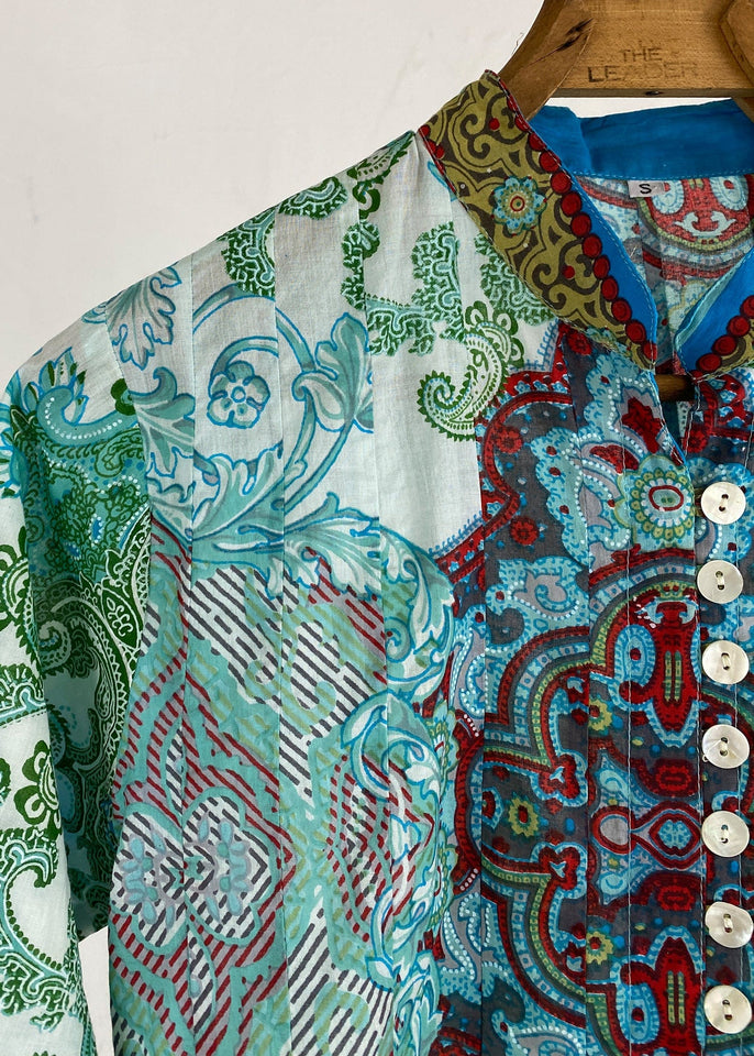 Dolma top Aqua Button Up Cotton Printed Tunic