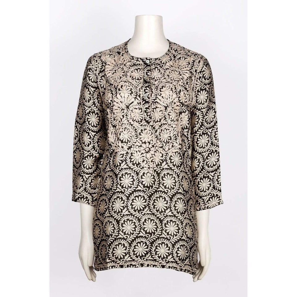 Dolma top Dolma Black and Tan Hand Embroidered Silk Blend Tunic