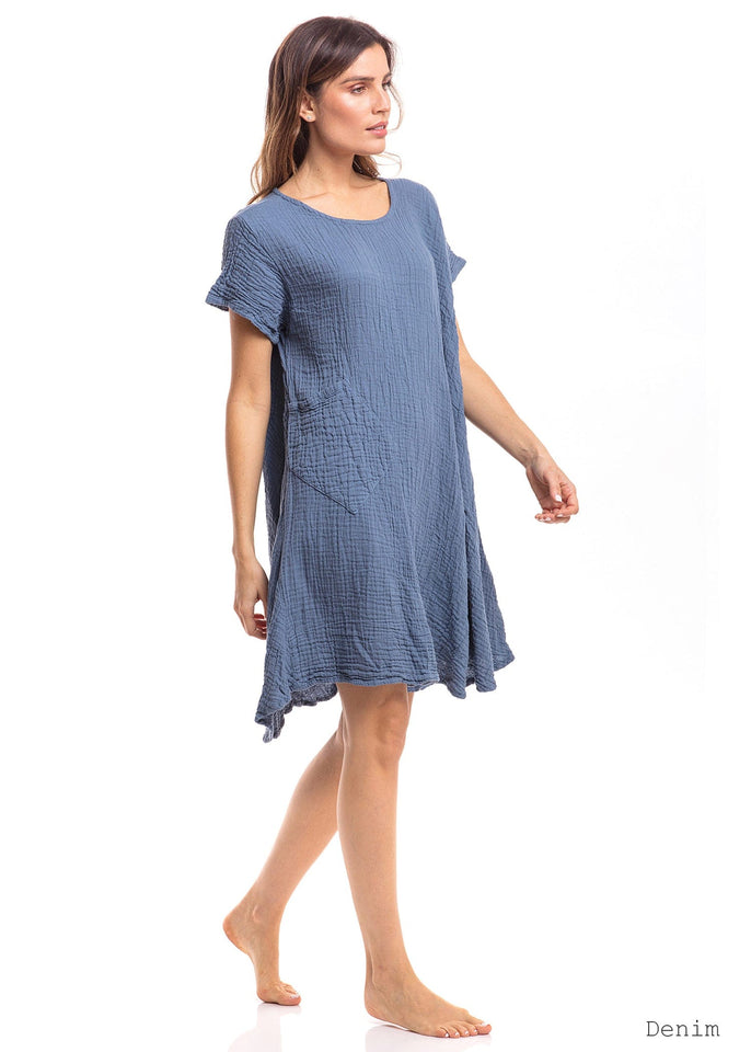 Nusantara Dress Denim / Small/Medium Thai Cotton One Pocket Tunic Dress
