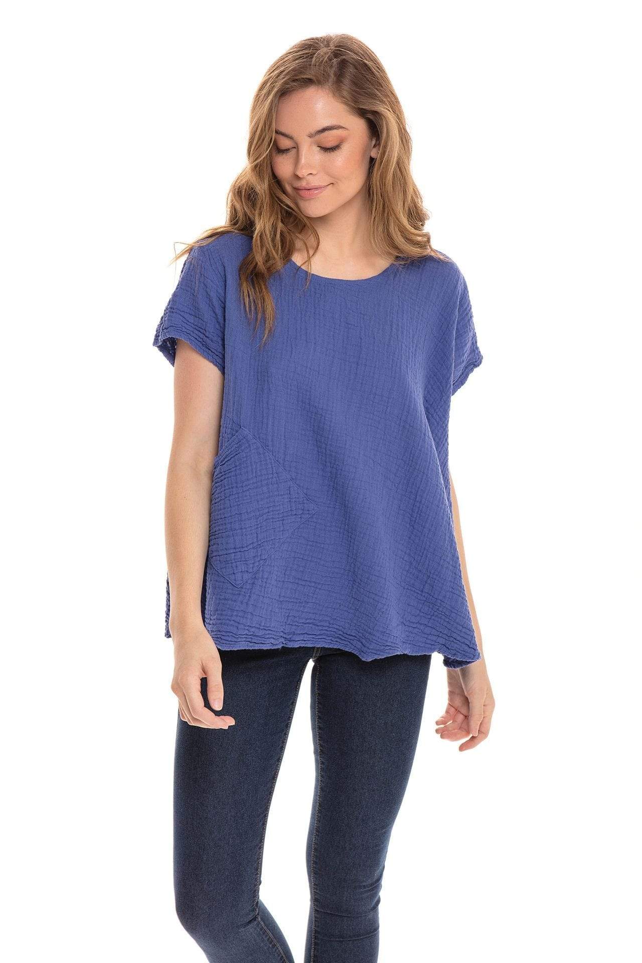 Nusantara top Cornflower / Small/Medium Thai Cotton One Pocket Boxy Top