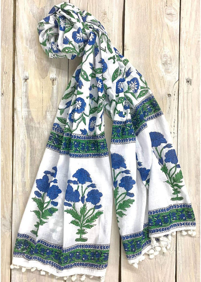 Sevya Handmade Scarf Navy/Green Namita Block Print Scarf